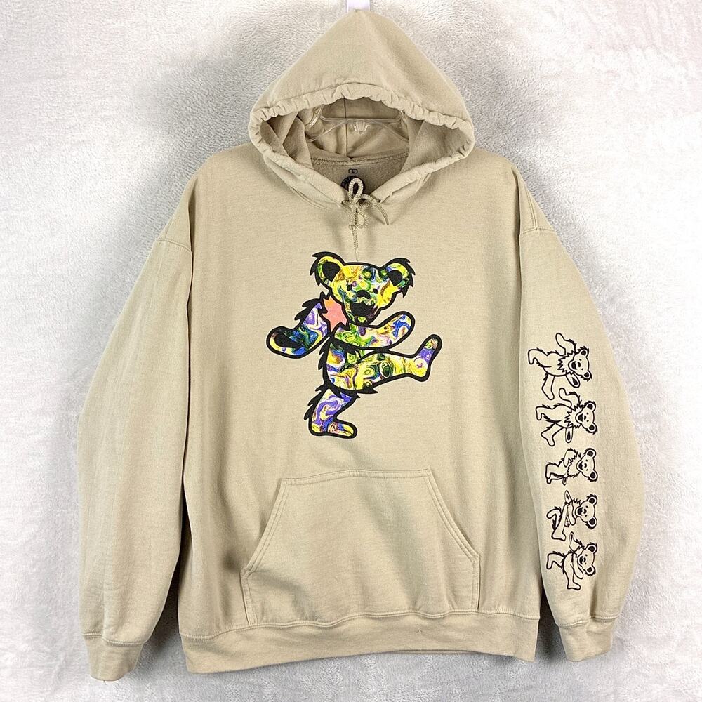 Grateful Dead Hoodie Mens L Beige Dancing Bear Jerry Garcia Bob Weir Festival